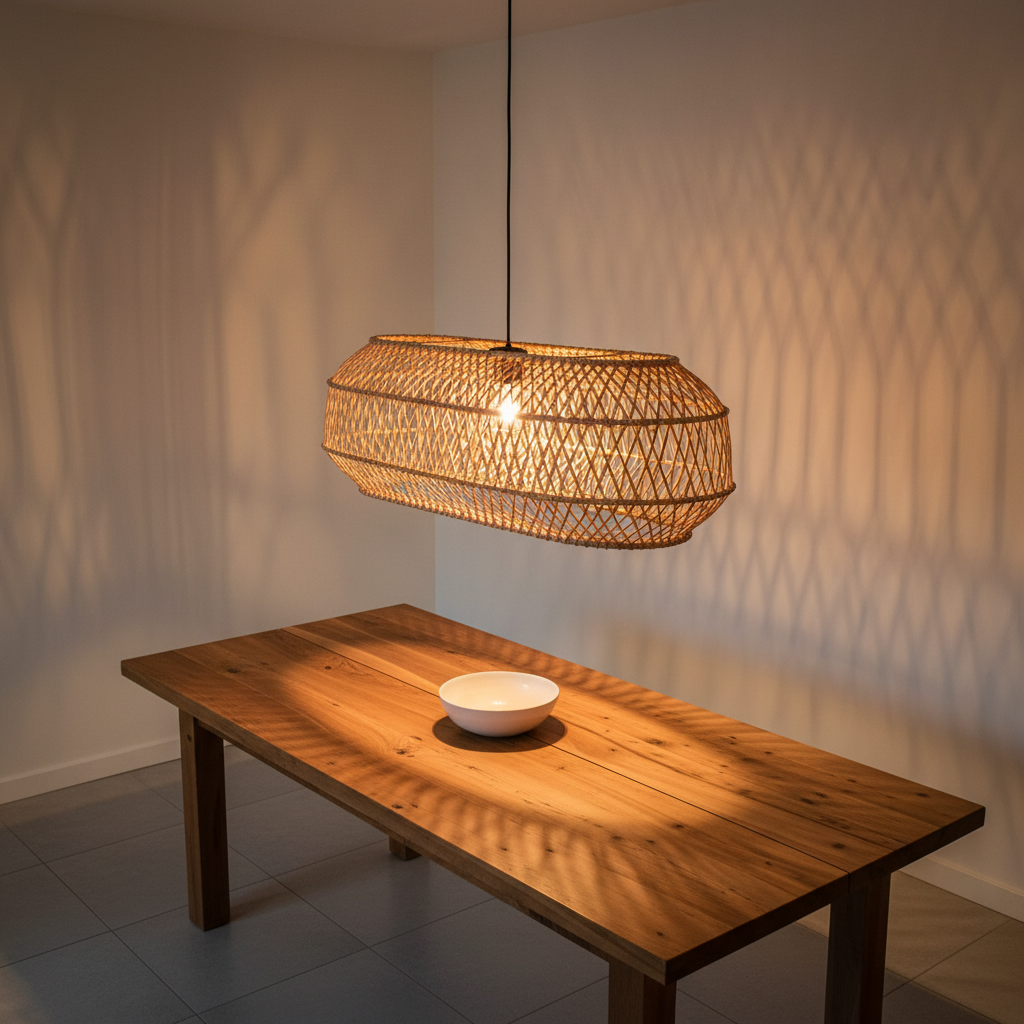 An elongated, handwoven rattan pendant lamp suspended above a sleek wooden dining table with visible grain and a warm, matte finish. The lamp’s intricate weave allows soft, warm light to diffuse gently, casting delicate patterns on the table below and subtle shadows onto the smooth, muted walls. The setting is a clean, modern dining corner with minimalist decor—just a single ceramic bowl as accent. Photographed from a slightly elevated angle with a shallow depth of field, focusing on the lamp and the warm ambient light it creates. The atmosphere is inviting and tranquil, evoking natural comfort and understated sophistication with a minimalist, photographic style.
