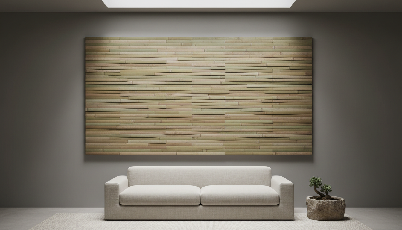 A large rectangular wall panel crafted from layered natural bamboo, each slat showcasing unique grain patterns and soft, matte earth tones. The panel hangs centered on a smooth, muted grey wall in a minimalist living room, complemented by a raw linen sofa and a single stone planter. Gentle, indirect daylight filters in from a nearby skylight, casting subtle gradients of light across the bamboo textures. The mood is calm and sophisticated, emphasizing refined natural beauty. Captured from an eye-level perspective with a balanced, symmetrical composition and sharp focus to highlight every nuanced detail. The style is photographic realism with an understated, elegant aesthetic, perfectly reflecting eco-conscious luxury for a sophisticated home environment.