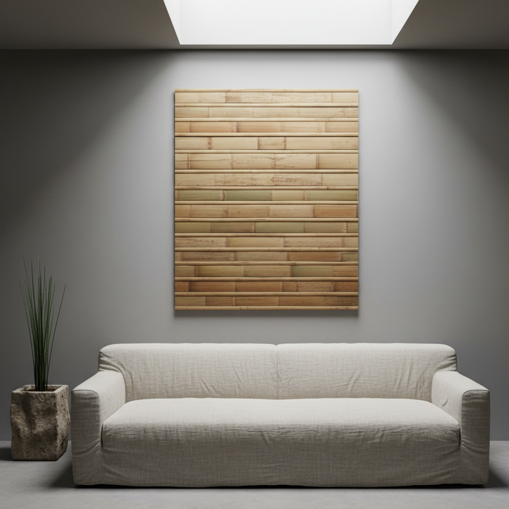 A large rectangular wall panel crafted from layered natural bamboo, each slat showcasing unique grain patterns and soft, matte earth tones. The panel hangs centered on a smooth, muted grey wall in a minimalist living room, complemented by a raw linen sofa and a single stone planter. Gentle, indirect daylight filters in from a nearby skylight, casting subtle gradients of light across the bamboo textures. The mood is calm and sophisticated, emphasizing refined natural beauty. Captured from an eye-level perspective with a balanced, symmetrical composition and sharp focus to highlight every nuanced detail. The style is photographic realism with an understated, elegant aesthetic, perfectly reflecting eco-conscious luxury for a sophisticated home environment.