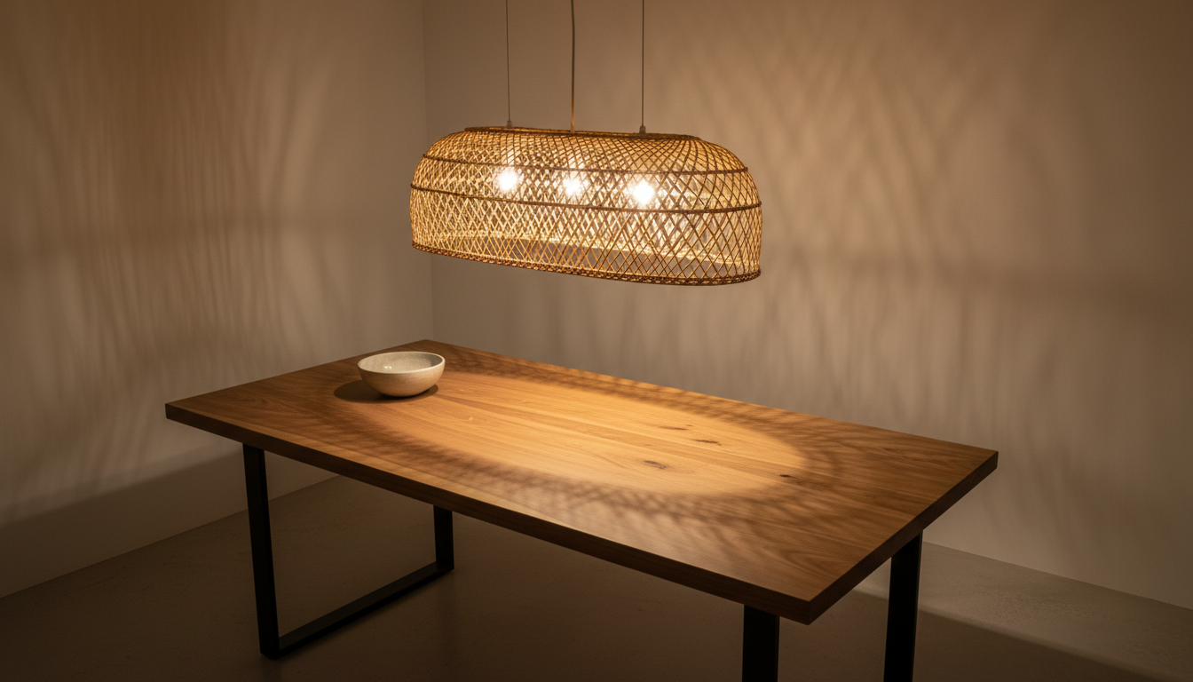 An elongated, handwoven rattan pendant lamp suspended above a sleek wooden dining table with visible grain and a warm, matte finish. The lamp’s intricate weave allows soft, warm light to diffuse gently, casting delicate patterns on the table below and subtle shadows onto the smooth, muted walls. The setting is a clean, modern dining corner with minimalist decor—just a single ceramic bowl as accent. Photographed from a slightly elevated angle with a shallow depth of field, focusing on the lamp and the warm ambient light it creates. The atmosphere is inviting and tranquil, evoking natural comfort and understated sophistication with a minimalist, photographic style.