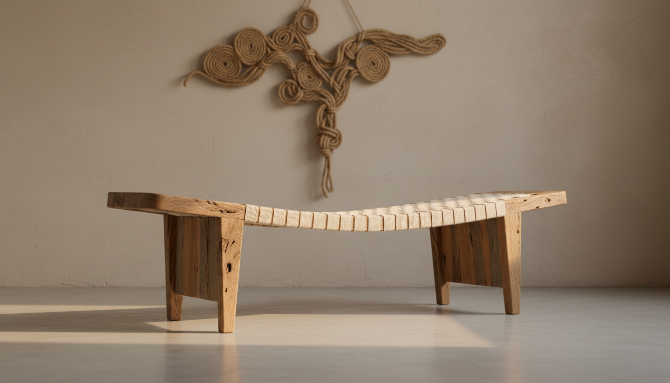 A slender bench constructed from solid reclaimed oak and woven organic cotton webbing, the wood lightly oiled to reveal natural knots and textures in muted hues. Set on a pale concrete floor against a light clay-colored wall, the bench is minimally staged beneath a wall-mounted, natural fiber art piece. Soft, diffused afternoon sunlight creates gentle highlights along the curves of the wood and casts subtle shadows, enhancing the handcrafted details. Captured from a low-angle side view with a shallow depth of field, the image emphasizes simplicity, longevity, and eco-friendly design. The mood is serene and contemplative, with a minimalist photographic style that underscores sophistication and sustainability.