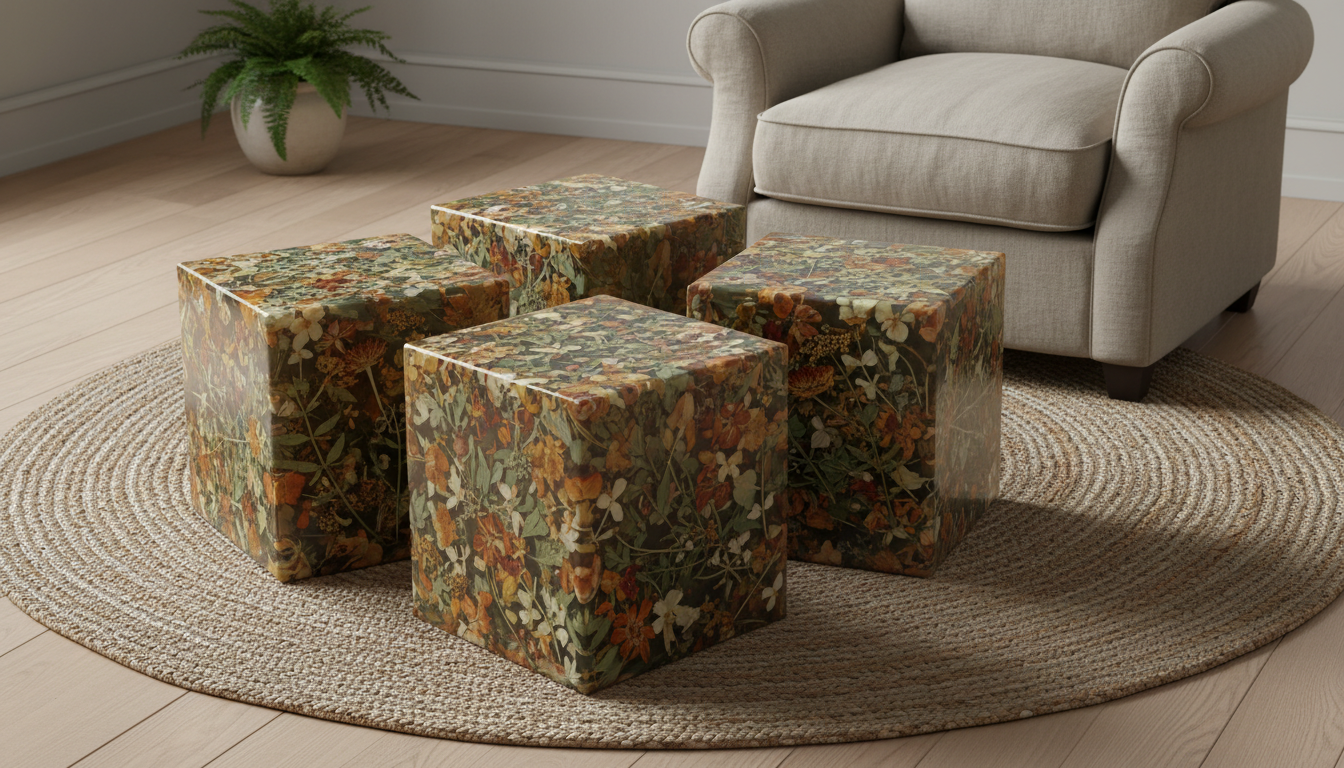 A set of cube-shaped side tables fashioned from compressed wildflower stems and natural resin, the surfaces showcasing delicate organic patterns in calming earth tones. The tables are arranged on a handwoven jute rug in a refined sitting area with a neutral linen armchair nearby. Soft studio lighting highlights the tables’ unique, tactile surfaces while maintaining subtle gradations in the surrounding shadows, creating visual depth. Shot from a slightly overhead angle with crisp focus throughout to capture both material detail and overall harmony. The mood is quiet and elegant, exuding artisanal craftsmanship and refined, minimalist taste with a realistic, photographic approach fitting for a luxury natural living store.